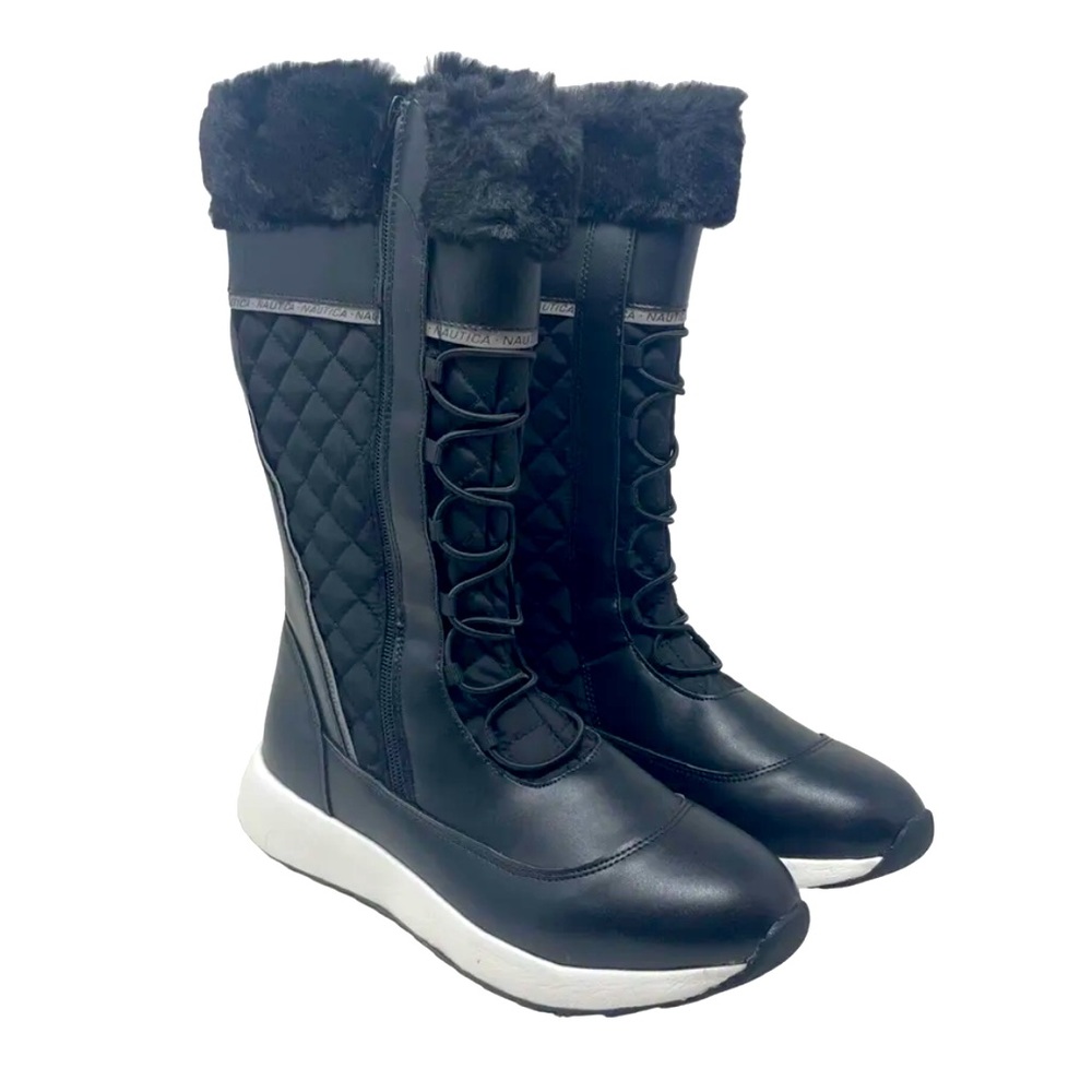 Nautica Women Everly Black Tall Winter Boots Faux Fur Trim Size 6